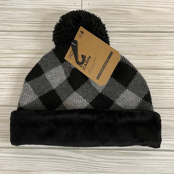 Field & Stream Cozy Cabin Gray and Black Plaid Knit Beanie Hat NWT - Picture 3 of 7